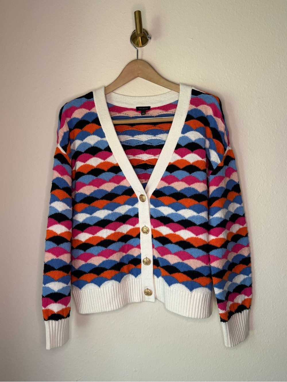 Talbots Large Multicolor Scalloped Wave Cardigan Gold Buttons Cotton Blend